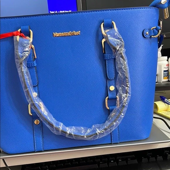 Montana West Blue Satchel Bag with Metallic Accents - Picture 2 of 7